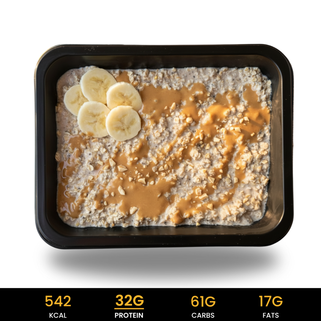 High_Protein_Overnight_Oats_Banaan_Pindakaas_2.0 eiwitrijke, voedzame ontbijtoptie. Kant-en-klaar, gezond