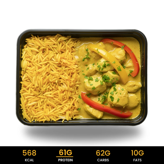 Spier-Massa-Gele-Rijst-Bengali-Curry-Chicken Gezonde, eiwitrijke kant-en-klare maaltijden halal. Vers, snel geleverd.