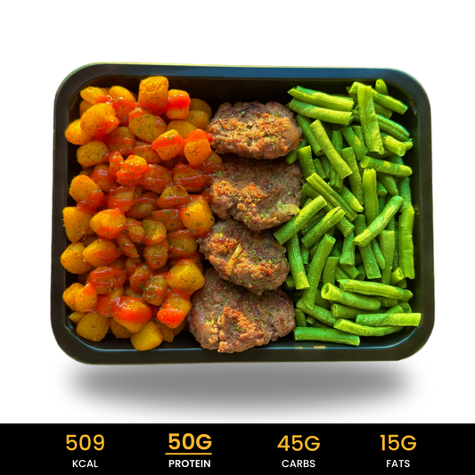 Turkse-Köfte-met-Aardappel-Krieltjes en-Sperzieboontjes eiwitrijke, halal Köfte met krieltjes en sperzieboontjes.