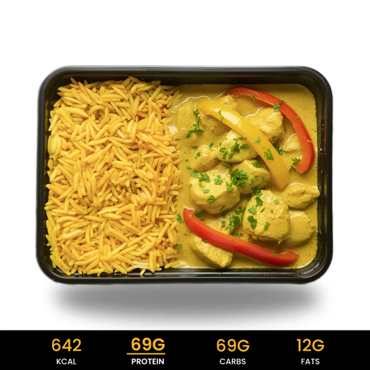 aankomen-Gele-Rijst-Bengali-Curry-Chicken Gezonde, eiwitrijke kant-en-klare maaltijden halal. Vers, snel geleverd.