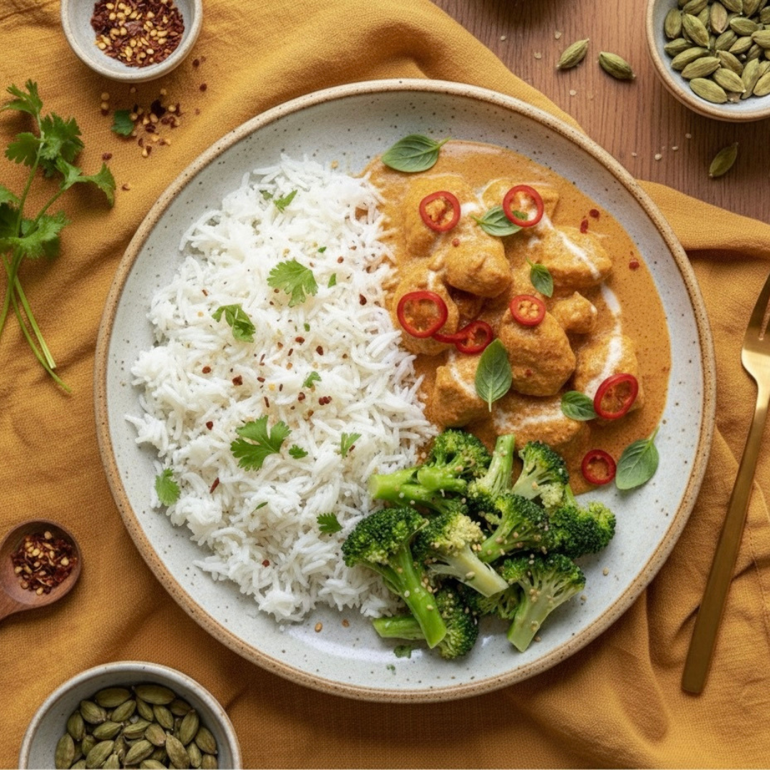 Aankomen - Witte rijst met Javaanse Kipsaté en Broccoli
