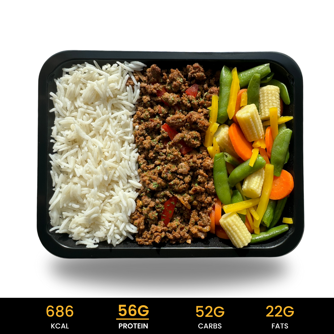 Aankomen - Rijst Spice Beef China Wok Mix hoog eiwitten, halal en vers kant-en-klare maaltijd