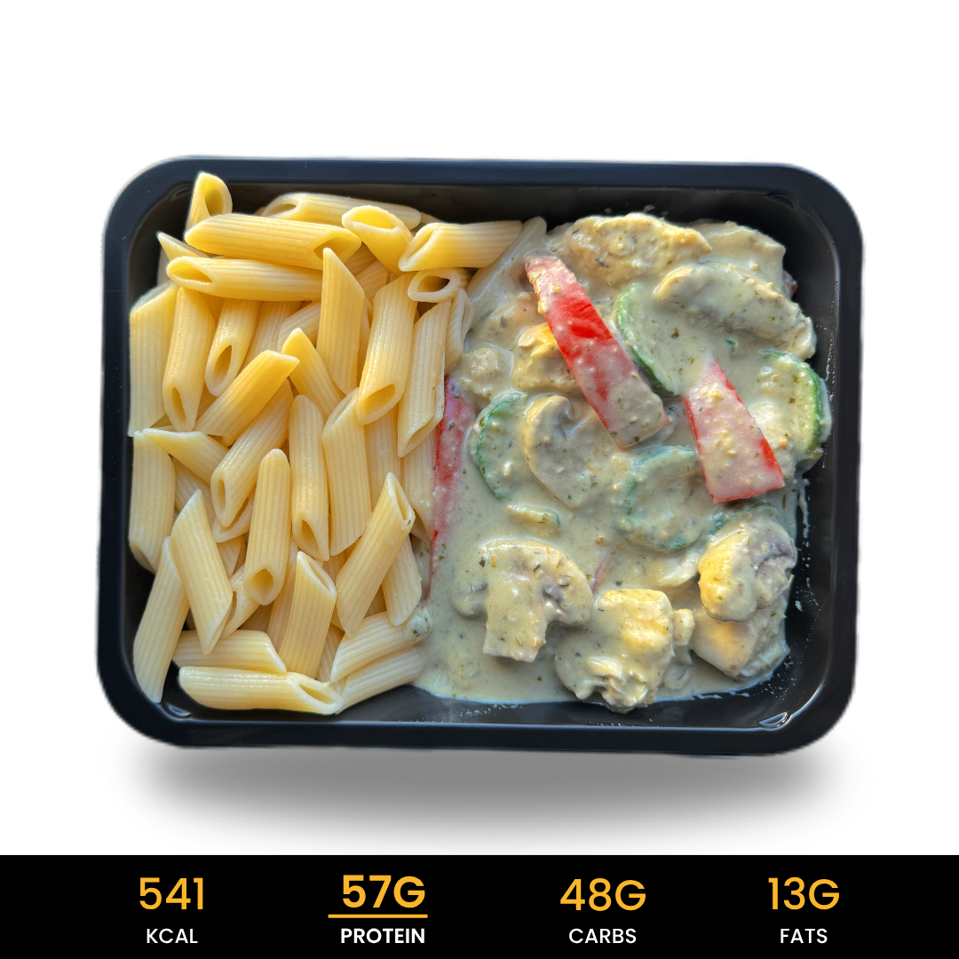 Afvallen-Romige-Penne-Pesto-Kip eiwitrijke, halal Romige Penne Pesto Kip! Gezonde, verse kant-en-klare maaltijden voor fitness