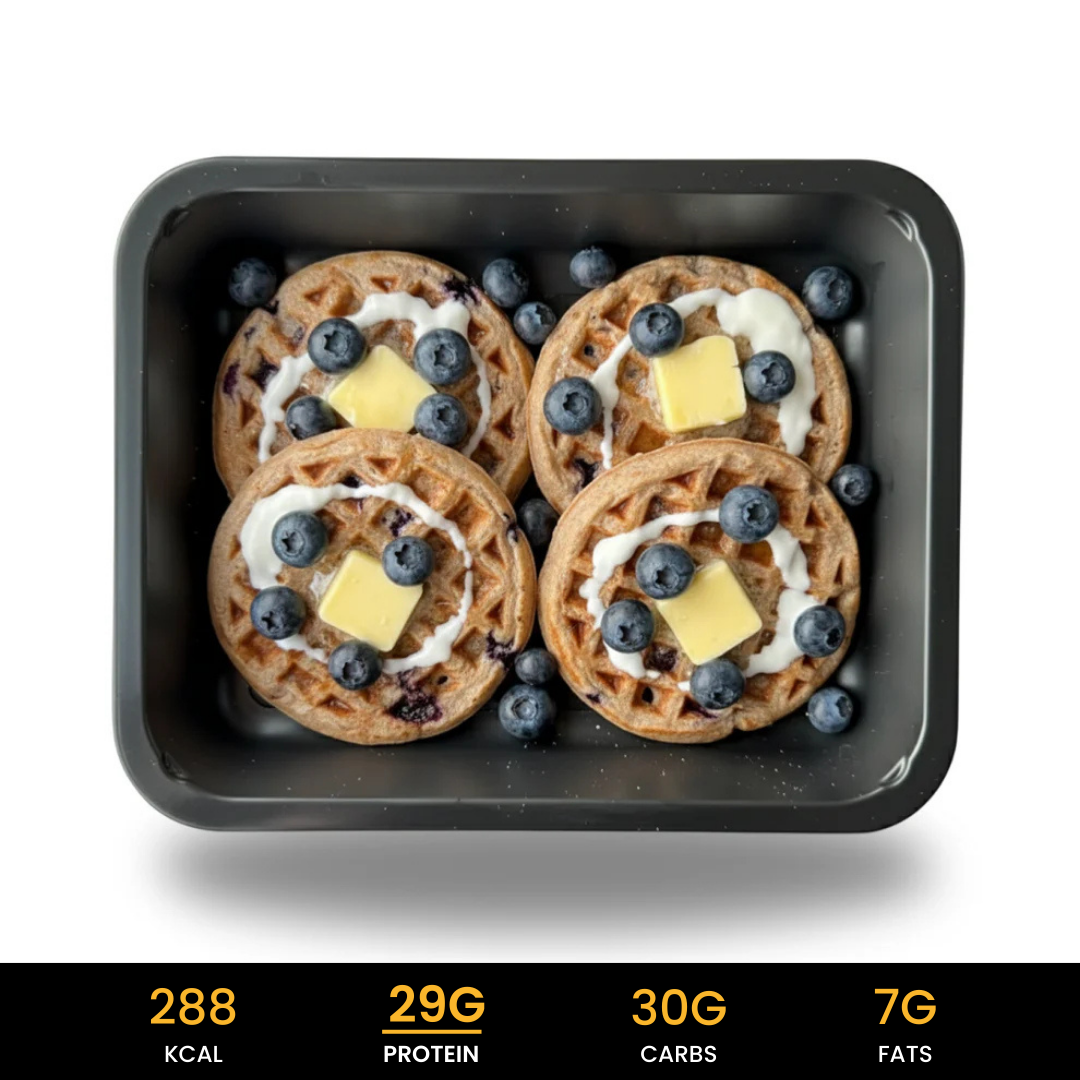 Belgische-Protein-Waffels-Blauwe-Bessenx eiwitrijk ontbijt of snelle snack