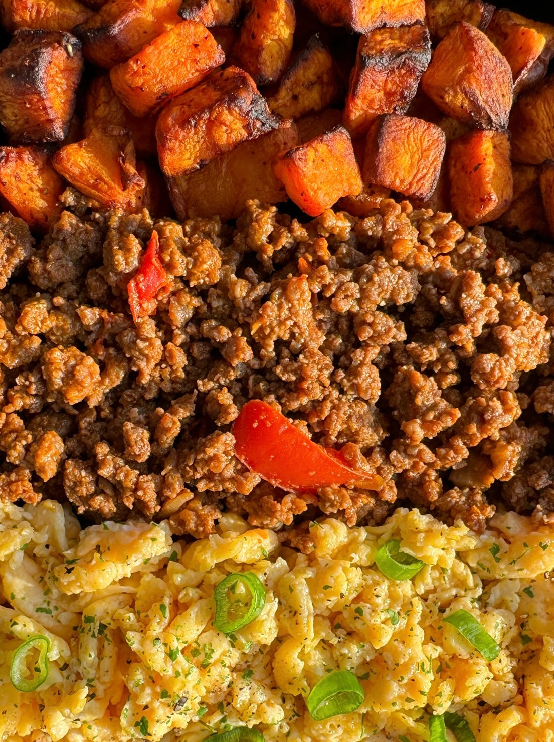 Scrambled Eggs Spice Beef Oven Baked Sweet Potatoes